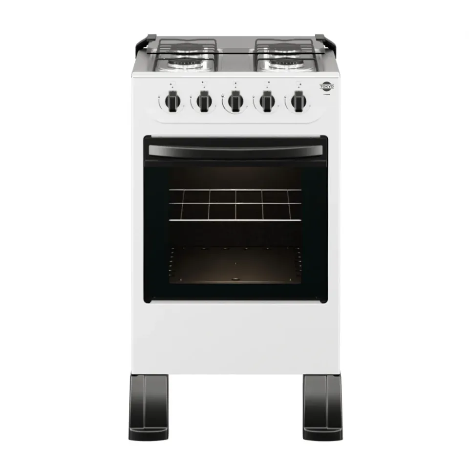 Cocina a Gas Tokyo Flamex Blanco 4H Mesa Inox Tapa de Vidrio Horno Limpia Facil