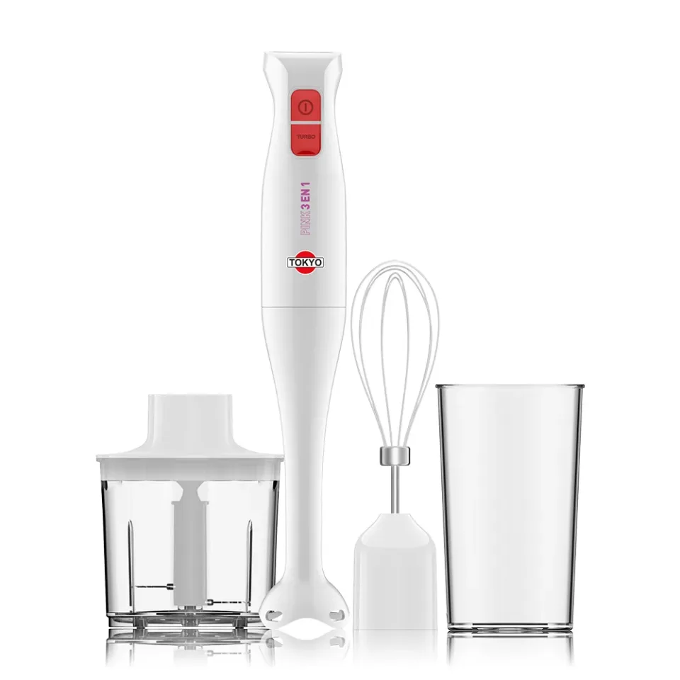 Mixer Tokyo Pink 3 en 1 Pie Inox con Accesorios Batidor y Picador 400W